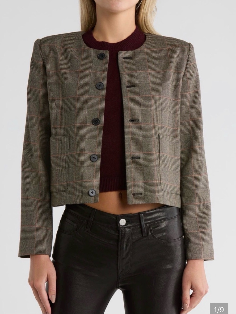 Frame Denim Plaid Collarless Blazer in Brown and Black Checks - Picture 1 of 16